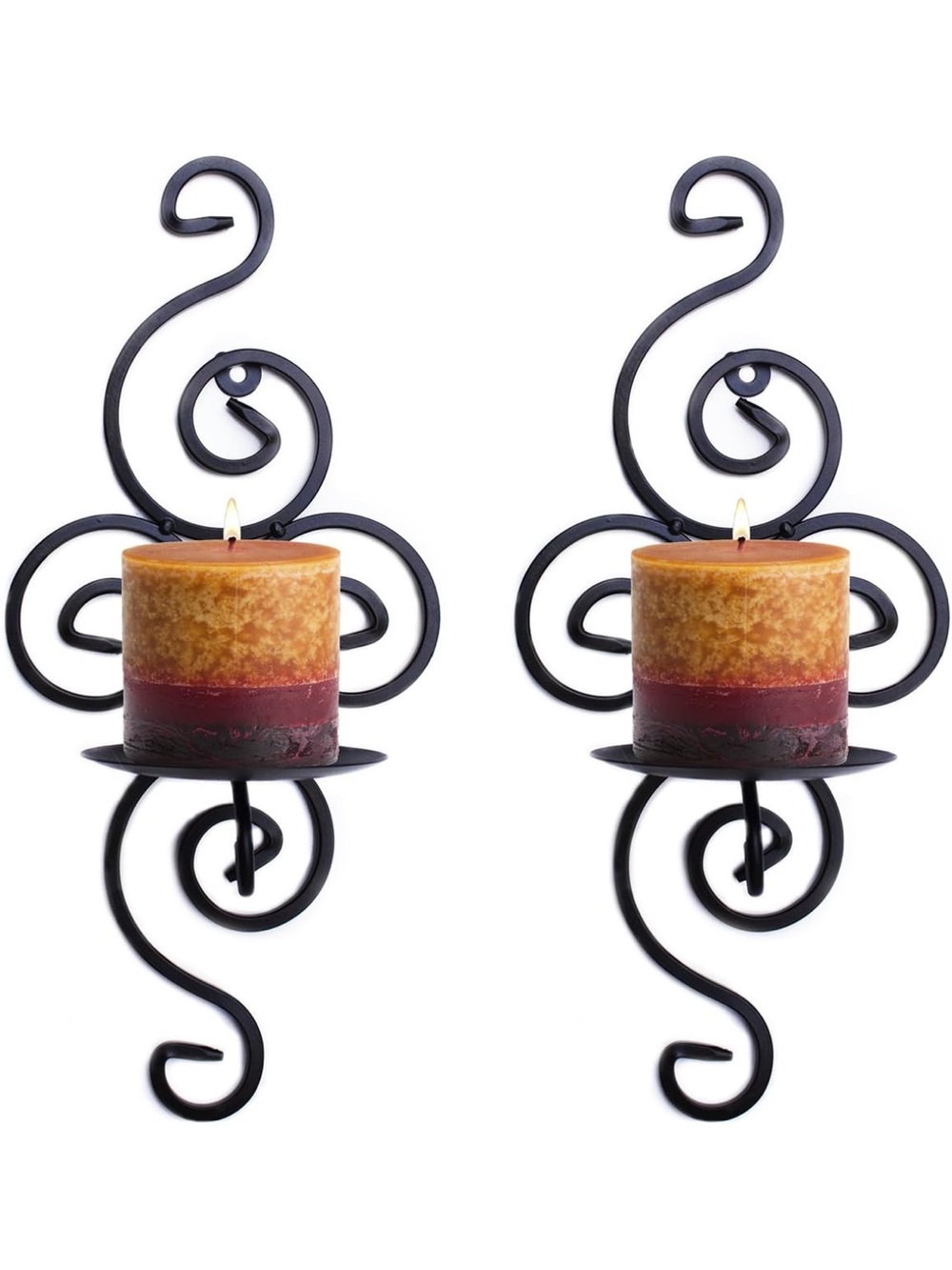 Beautiful Pair of Black Scroll Wall Sconces with Two-Tone Pillar Candles